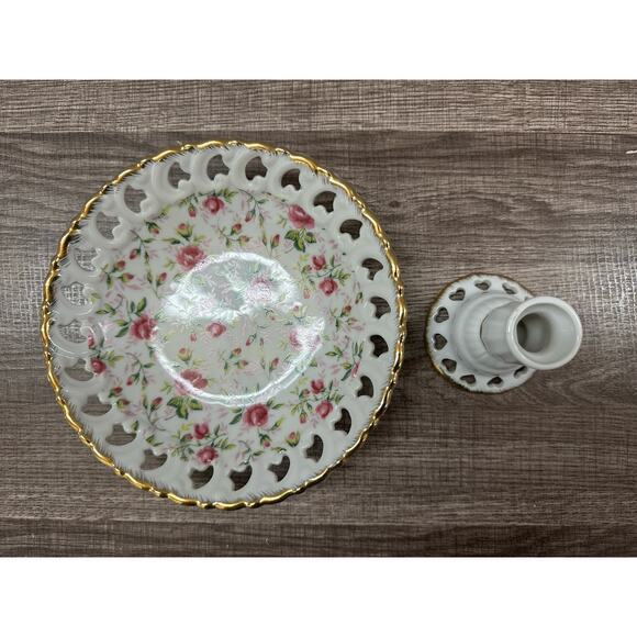 VTG Lefton Pink Roses Floral Chintz Footed Plate Pedestal Serving Dish *READ* - Picture 4 of 8